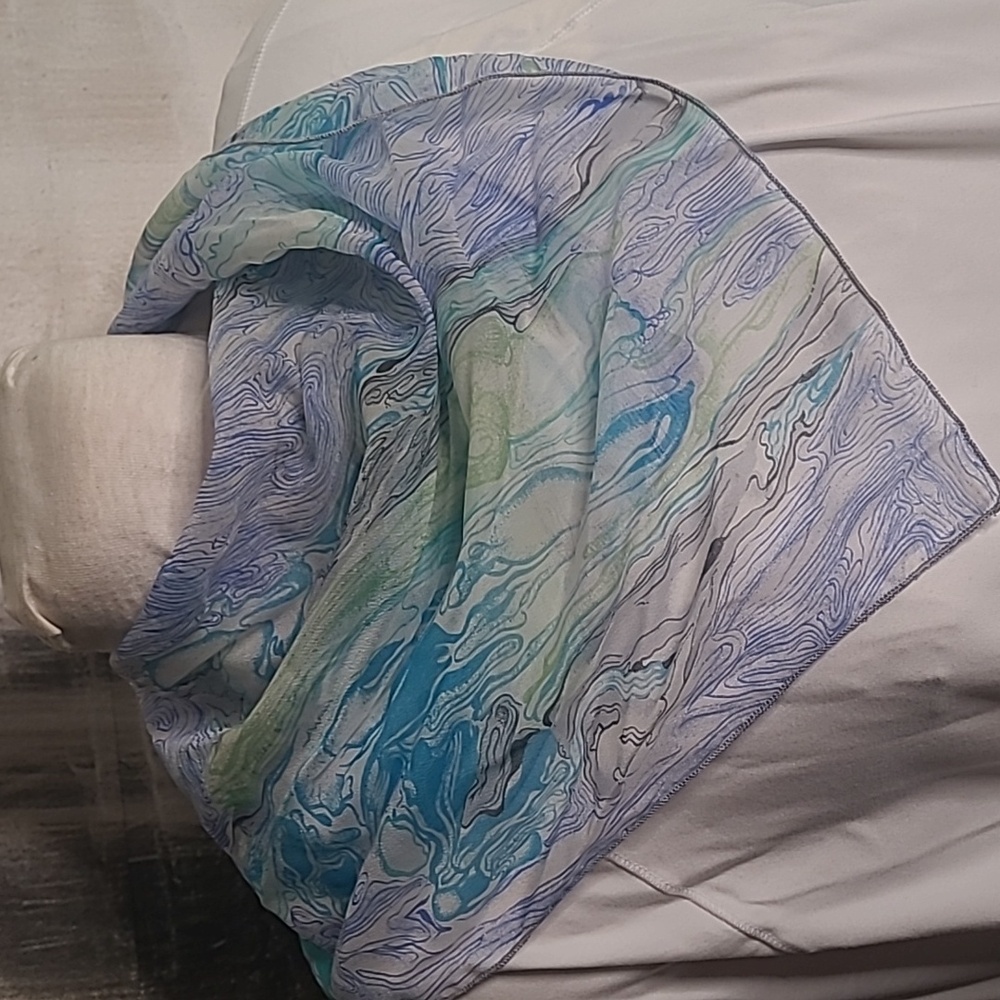 Womens cool marble swirl of blues and greens flowy square sheer scarf 20 x 20
